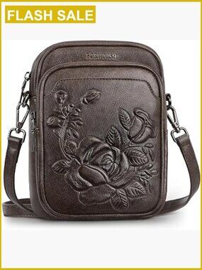 RFID Vegan Leather Crossbody Bag with Floral Design, Adjustable Strap